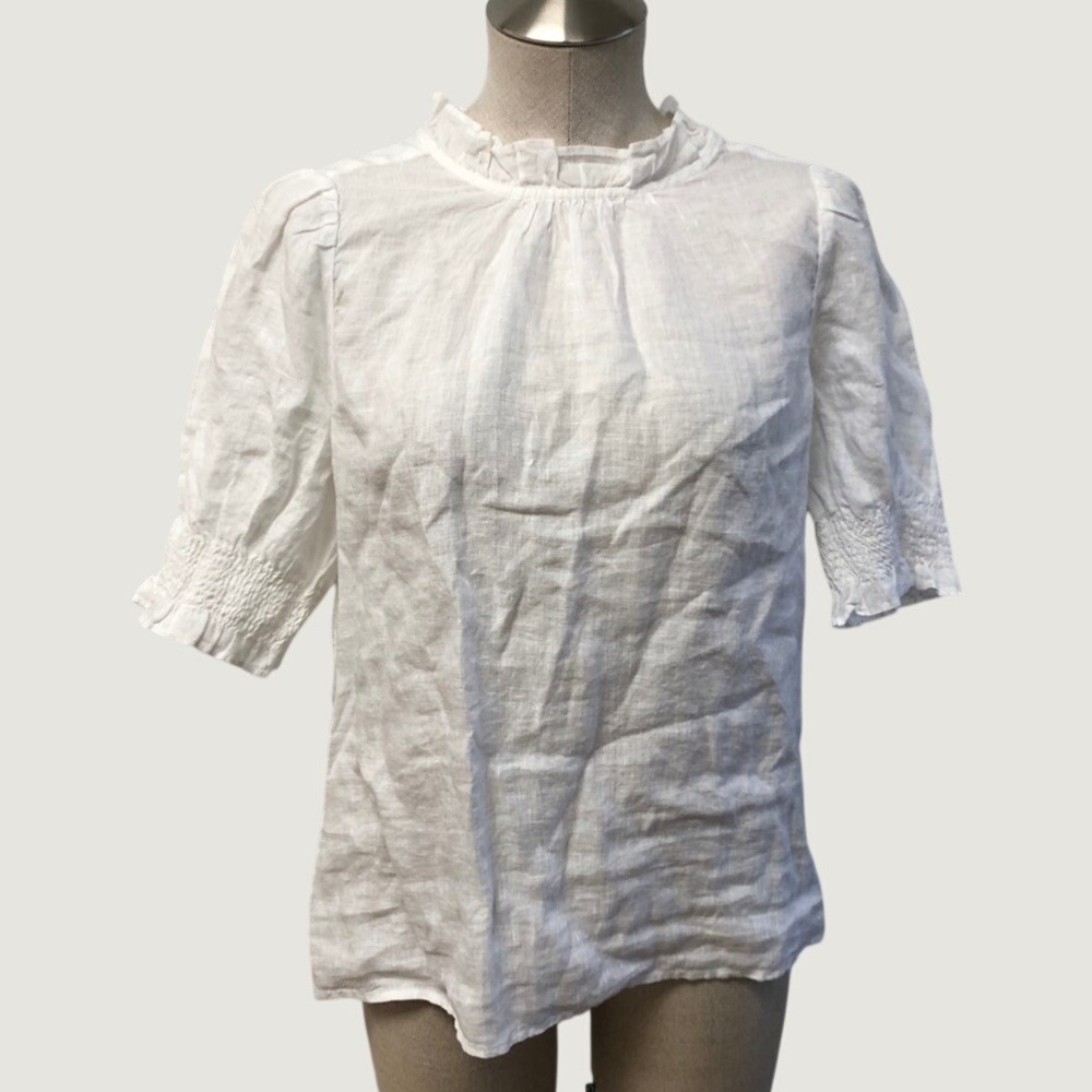 J.Crew Blouse Womens Small White Linen Ruffle Mock Neck Puff‎ Sleeve AY671